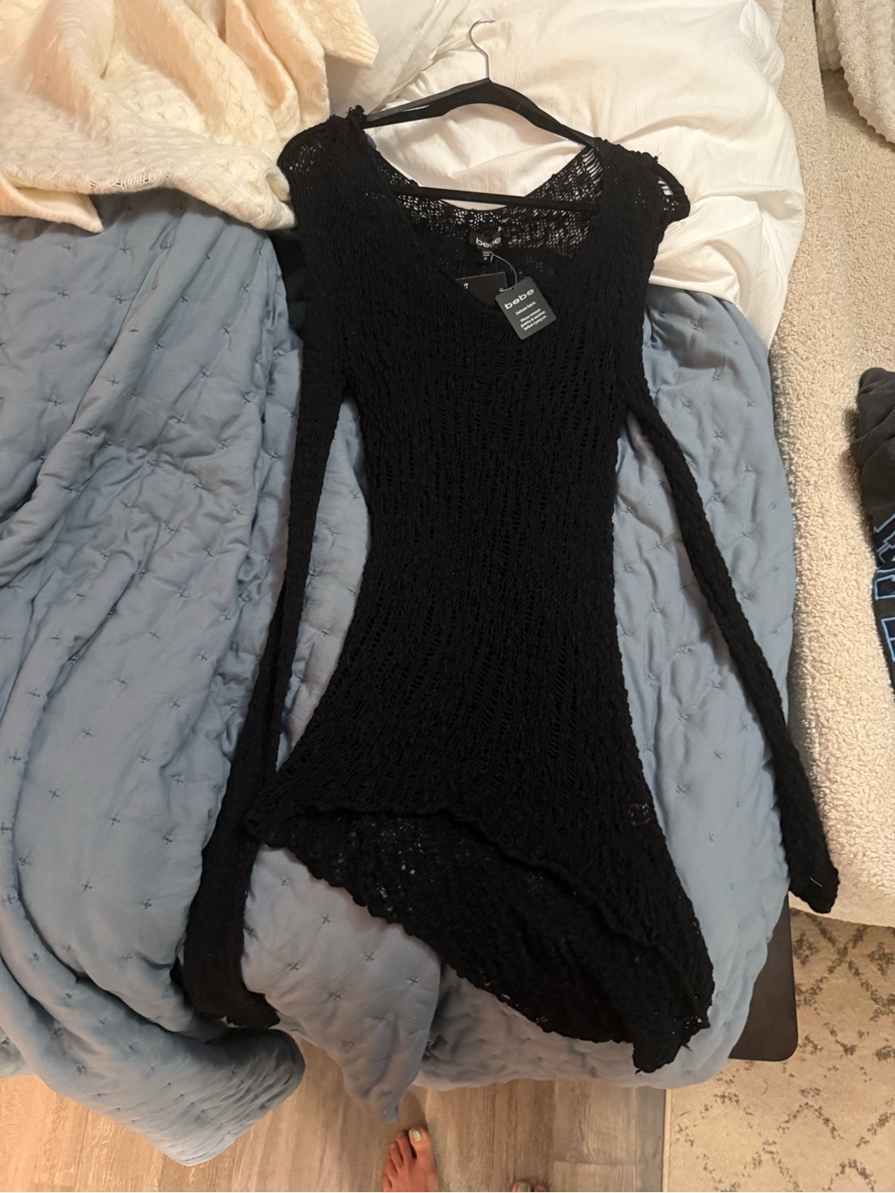 bebe Black Asymmetrical Crochet Knit Dress